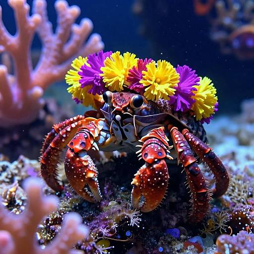 Vibrant photograph of a red crab adorned with yellow and purple sea anemones, set against a colorful coral reef backdrop.