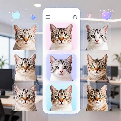 Photograph of a tabby cat with green eyes, displayed in a social media-like interface with eight different facial expressions, set against a blurred office background