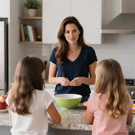 Woman Facing Two Girls in Kitchen