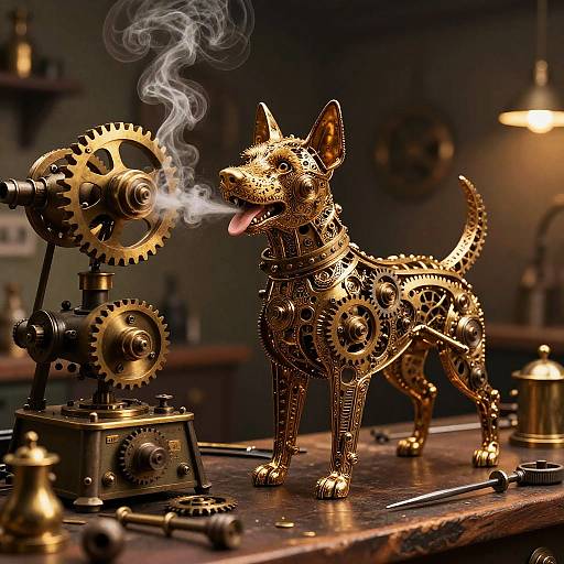 Photograph of a steampunk-style, golden gear-and-cog dog, standing on a wooden workbench, exhaling smoke from a gear-based