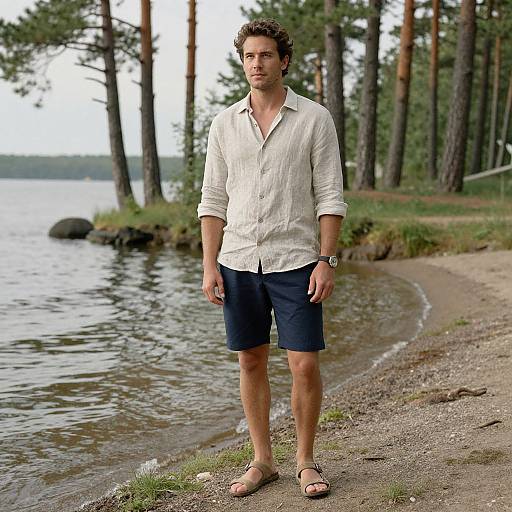 Photograph of a handsome, curly-haired man in a white shirt, navy shorts, and sandals standing by a forested lakeshore.
