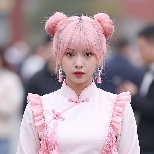Photograph of an Asian woman with pink hair in double buns, wearing a pink, ruffled traditional Chinese dress, red lipstick, and dangling earrings
