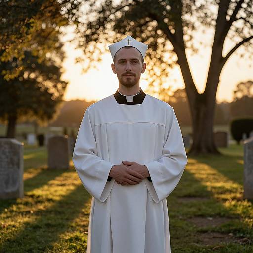 Photograph of a serious, bearded male cleric in white robe and cap, standing in a sunlit cemetery with graves and trees.