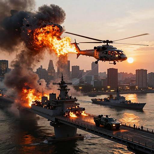 Photograph of a helicopter firing missiles at a burning naval ship docked in a city harbor during sunset, with smoke and flames, and city skyline in