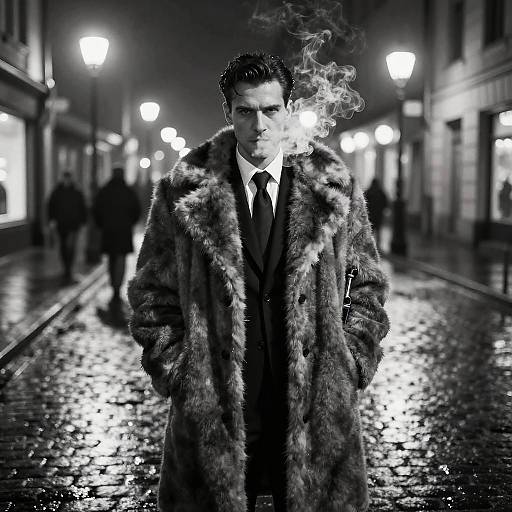 Black-and-white photograph of a serious man in a fur coat, smoking, standing on a wet, cobblestone street at night. Blurred street