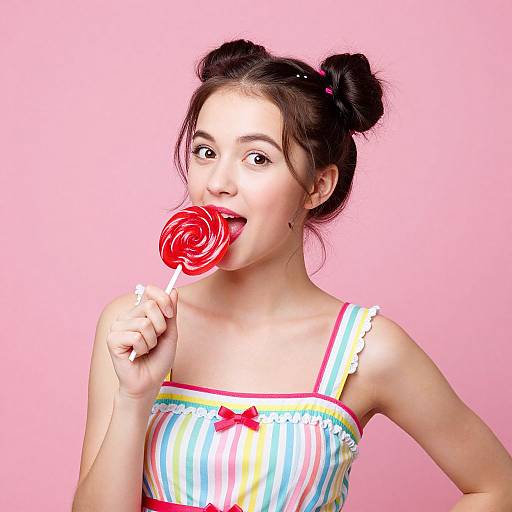 Young Asian woman with dark hair in buns, striped sundress, and red bow, licking large red swirled lollipop against pink background.