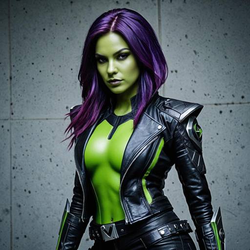 Cosplay of Gamora with Purple Hair and Black Leather Outfit