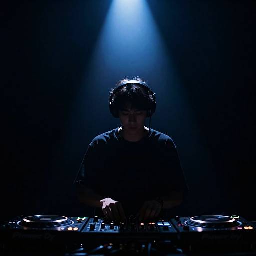 Illuminated DJ Silhouette in Dark Room