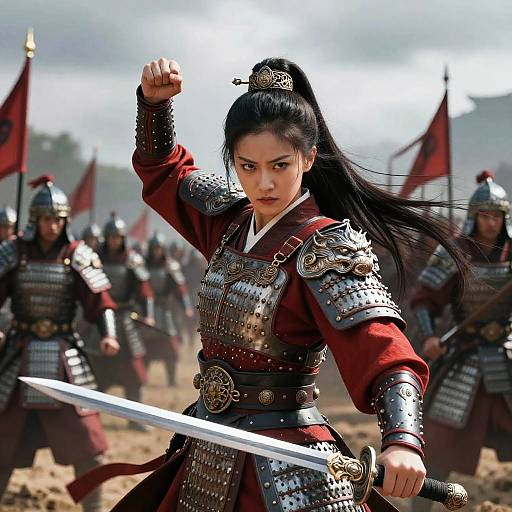 Digital art of fierce Asian warrior woman in red kimono, armored with silver plates, holding sword, leading army of soldiers with red flags.