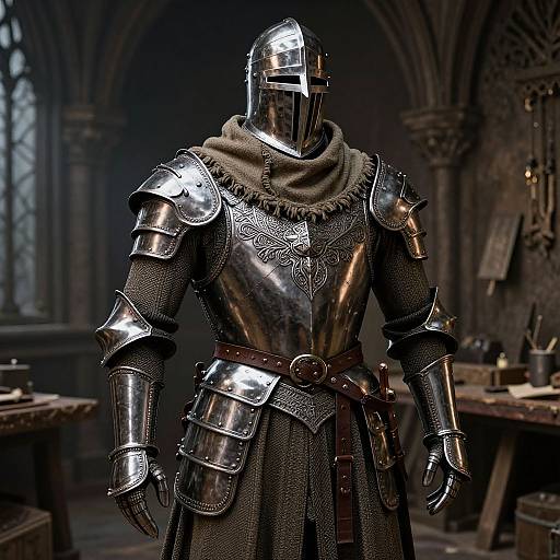 Photorealistic digital art of armored knight in polished steel plate armor, brown scarf, and leather belt, standing in dimly lit medieval workshop.