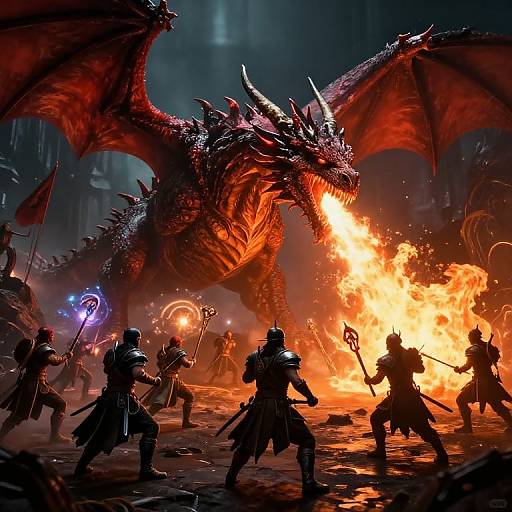 Digital artwork of a fierce battle: armored warriors with magical staffs confront a roaring, fiery red dragon in a dark, medieval castle. Bright flames contrast