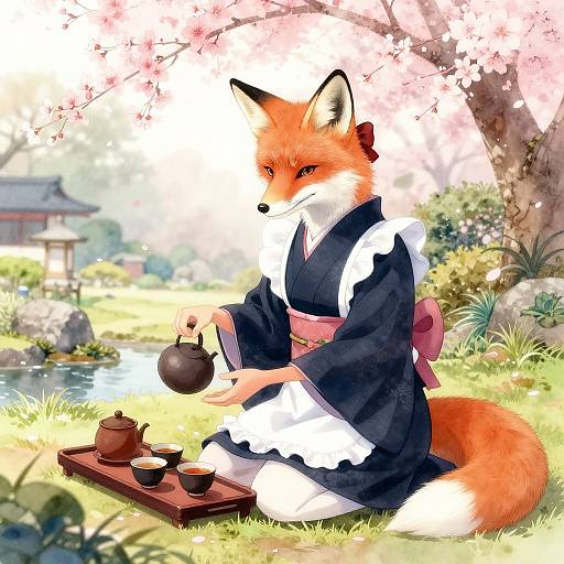 Fox Maid in Serene Japanese Garden