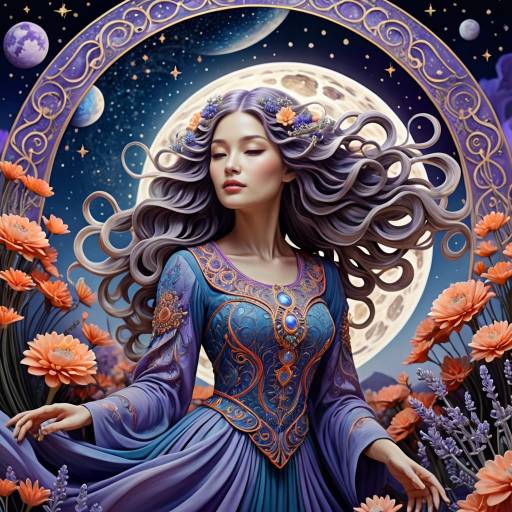 Fantasy Woman with Flowing Hair and Moonlit Background