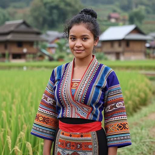 Photograph of a young Asian girl with dark hair in a bun, wearing a colorful, patterned traditional dress, standing in a green rice field with
