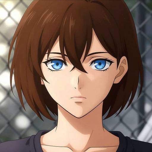 Anime-style digital drawing of a serious young woman with short brown hair, bright blue eyes, and a black shirt, against a blurred chain-link background.