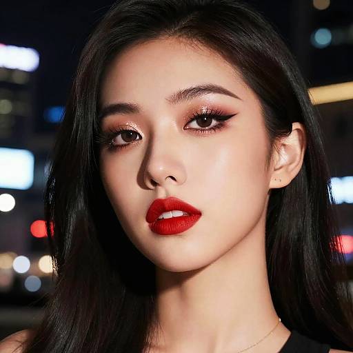 Photograph of an Asian woman with long black hair, bold red lipstick, dramatic winged eyeliner, and glowing skin, set against a blurred city