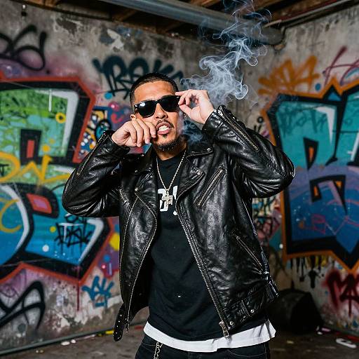 Photograph of a man with black leather jacket, sunglasses, and choker, smoking and blowing smoke, in a graffiti-covered urban alley.