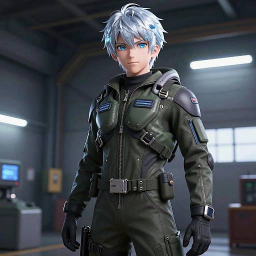 3D Anime Mech Pilot with Silver Hair in Flight Suit