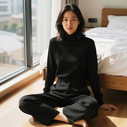 Asian Woman Sitting by Window in Black Outfit