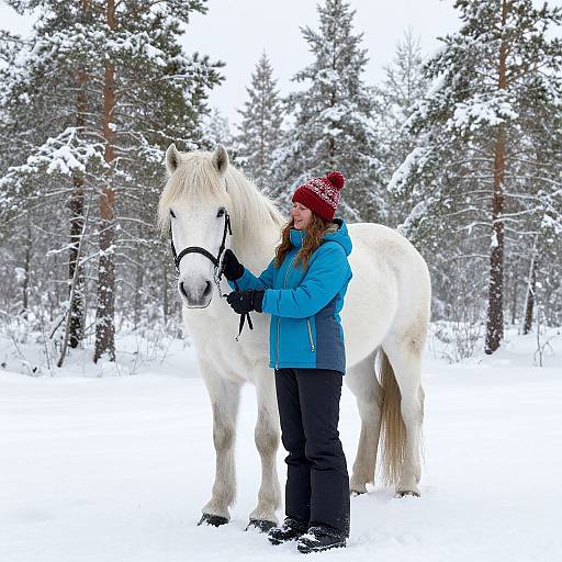 Photograph of a woman in a blue jacket and red beanie, standing in snow, gently holding the bridle of a white horse in a snowy