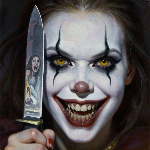 Photograph-style digital art of a menacing clown with white face paint, black stripes, yellow eyes, and red lips, holding a knife with a woman