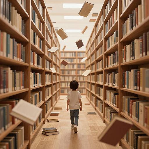 Photograph of a child in a white shirt and blue jeans, running down a long, wooden library aisle with floating books.