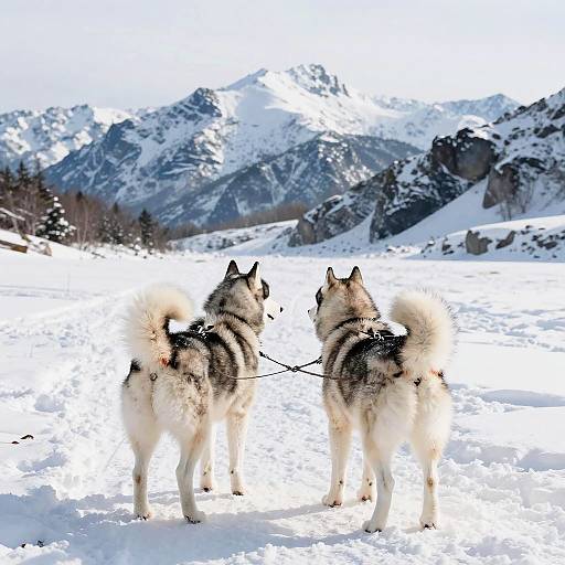 Siberian Huskies on Snowy Mountain Landscape