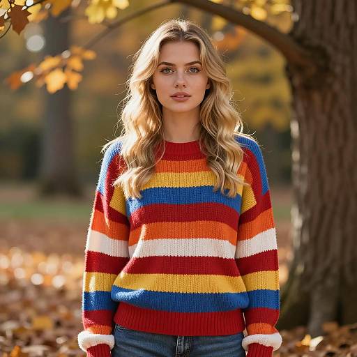 Woman in Colorful Striped Sweater in Autumn Forest