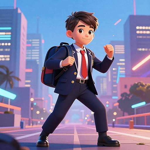 Stylized British School Boy in Futuristic City