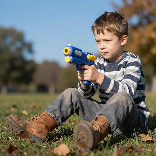 Young Boy Outdoors with Toy Gun
