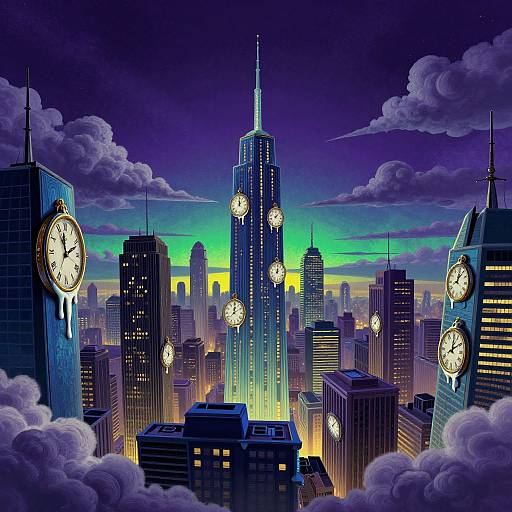 Surreal Cityscape with Melting Clocks