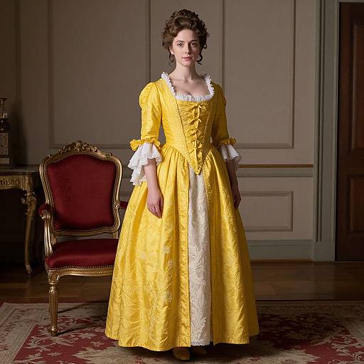 Photograph of a fair-skinned woman with dark curly hair in a yellow, 18th-century style dress with white lace, standing in a dim
