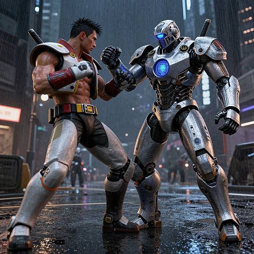 CGI battle scene: muscular man in armored suit punches glowing blue-eyed robot in futuristic city at night, rain pouring down.