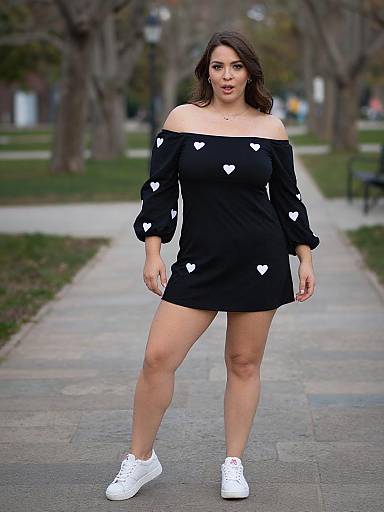 Photograph of a curvy woman with medium skin tone and dark hair, wearing a black off-shoulder dress with white heart patterns, and white