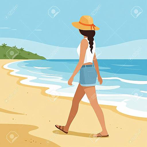 Digital illustration of a woman with dark hair in a braid, wearing a yellow hat, white tank top, blue shorts, and brown sandals, walking
