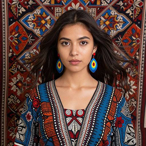 Photograph of a young South Asian woman with long black hair, wearing a colorful, embroidered top and blue, yellow, and red earrings, against a