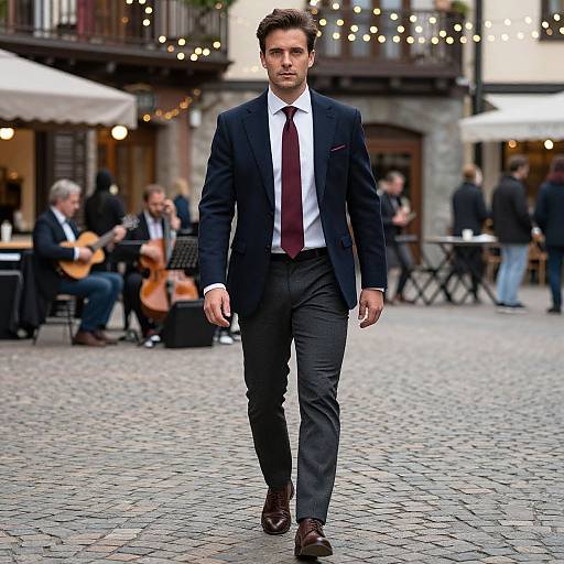 Photograph of a handsome, clean-shaven man in a black suit, white shirt, and red tie, walking confidently through a cobblestone street