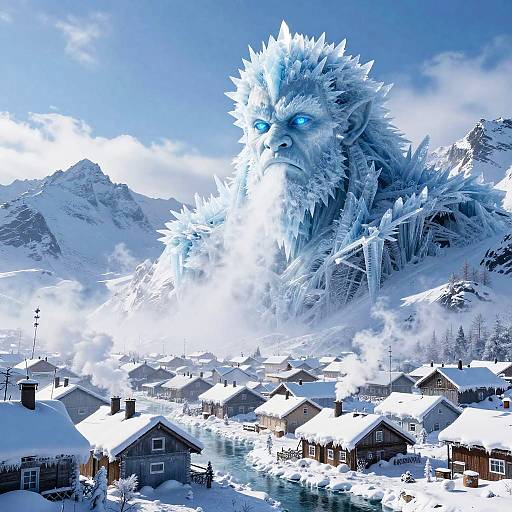Digital artwork of a giant, icy, blue-eyed beast with spiky fur towering over a snowy village of wooden houses with snow-covered roofs and mountains in