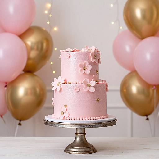 Photograph of a pink, two-tiered cake with white floral decorations, on a silver stand, surrounded by pink and gold balloons, with soft white