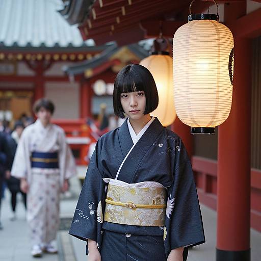 Photograph of a young Japanese woman with a black bob haircut, wearing a black kimono with a gold obi, standing in front of a glowing
