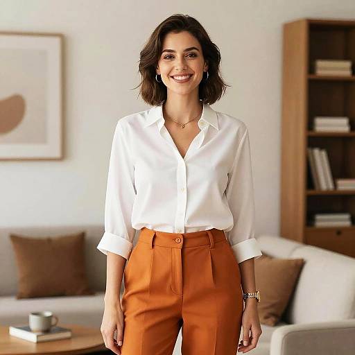 Photograph of a smiling woman with shoulder-length dark hair, wearing a white blouse and high-waisted orange pants, standing in a modern, light