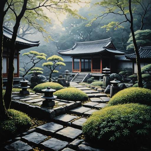 Foggy Japanese Zen Garden Oil Painting Foggy Japanese Zen Garden Oil Painting