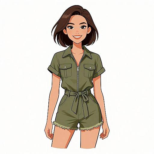 Digital anime-style illustration of a smiling woman with short brown hair, wearing a green, zippered, short-sleeve romper with frayed h