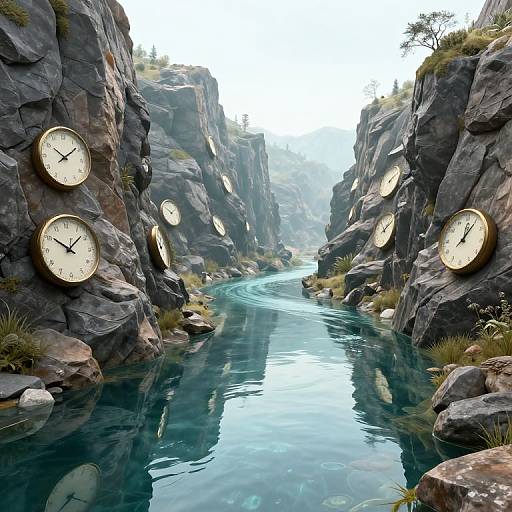 Photorealistic digital art: A serene, rocky canyon with clear turquoise river, large clock faces embedded in cliffs, misty sky, and lush green