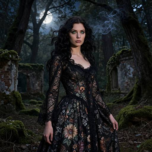 Photograph of a dark-haired woman with green eye makeup, wearing a black lace floral dress, standing in a moonlit, mossy forest with smoke
