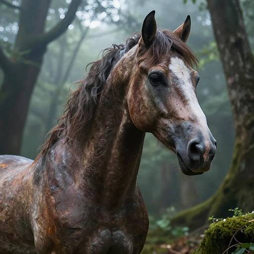 Photograph of a brown, white-patterned horse with a wavy mane in a misty, moss-covered forest, sunlight filtering through trees.