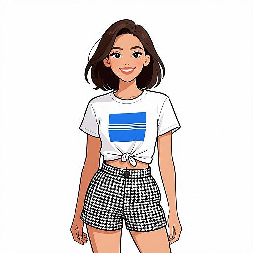 Digital illustration of a smiling, brown-haired woman with fair skin, wearing a tied white t-shirt with blue stripes, and black-and-white houndst