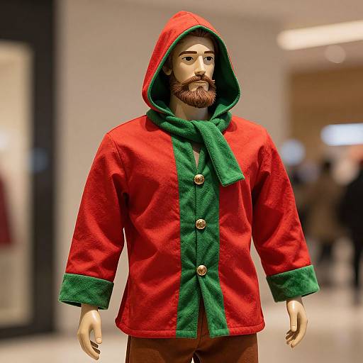 Photograph of a male mannequin wearing a red and green hooded coat with a green scarf, wooden buttons, and a brown beard. Bl
