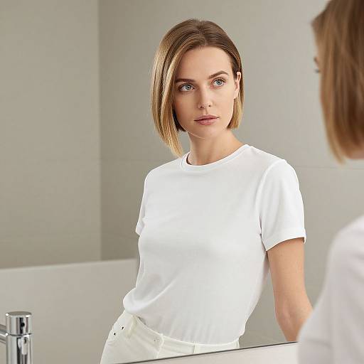 Photograph of a young woman with short, blonde-brown hair, wearing a white t-shirt and white pants, standing in front of a mirror in