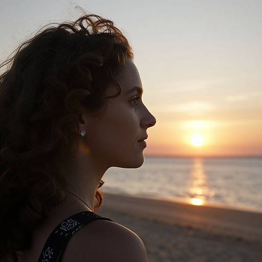Photograph of a woman with curly hair, side profile, silhouetted against a sunset over a calm ocean, wearing a patterned top.